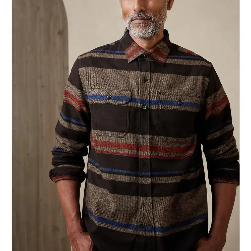 Banana Republic Striped Melton Thick Flannel Shirt Brown Blue Wool Blend Mens XL